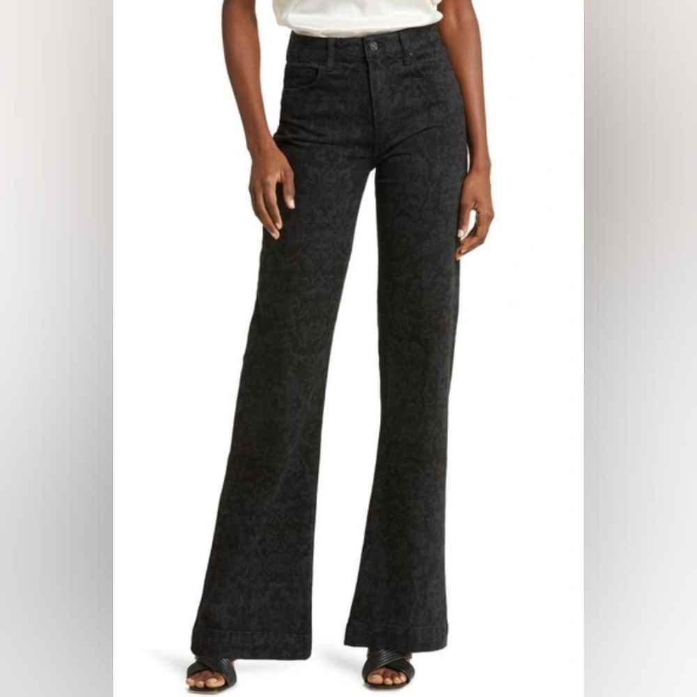 PAIGE LEENAH Black Floral Laser Cut High Waist Flared Jeans In 30 NWOT - Picture 3 of 12